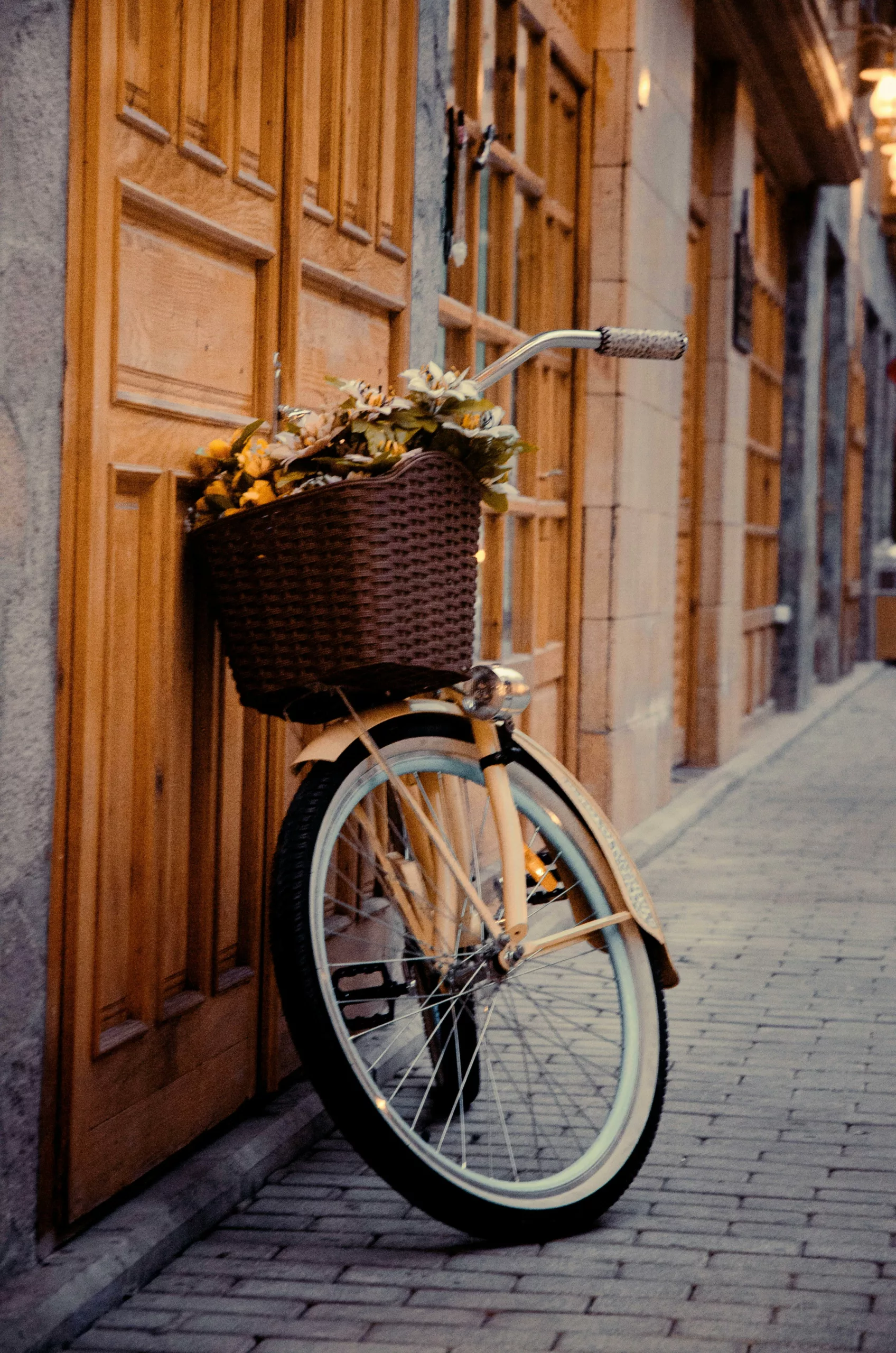 Un vélo avec un panier rempli de fleurs est posé sur un mur