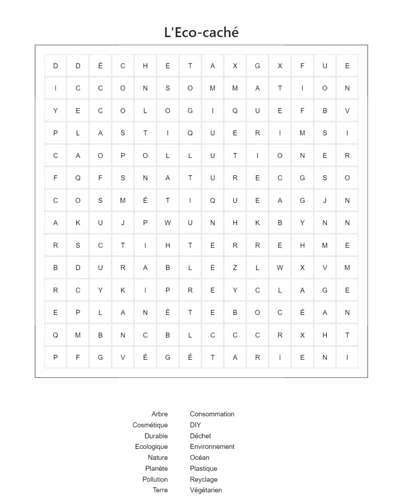 Jeu de mots cachés sur le thème du développement durable et de l'écologie créé par Eco-Actitude.